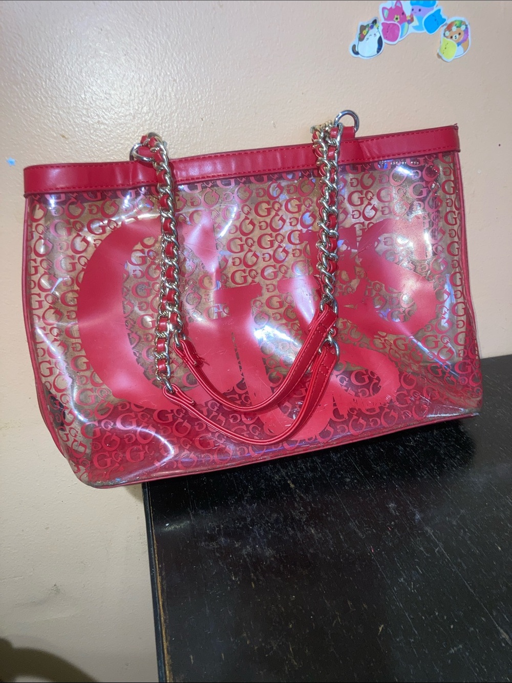 Y2K GUESS Red Clear Logo Tote with Chain Straps